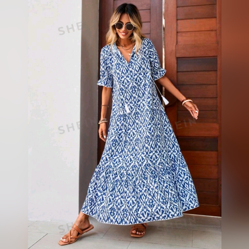 SHEIN LUNE Summer Women's V-Neckline Ruffle Cuff And Collar Tie-Waist Dress